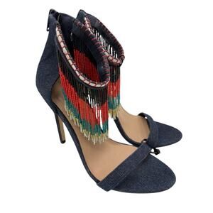 Aldo Denim Heels with Beaded Fringe Ankle Strap Size 7.5